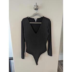 Leith Black Long Sleeve V-Neck Bodysuit Top With Snap Crotch Women's Size XL